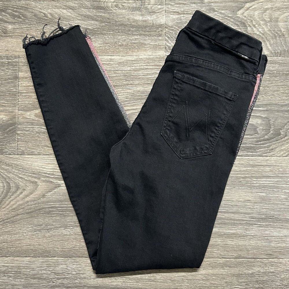 MOTHER Size 28 High Waisted Looker Ankle Fray Quilty Glitter Racer Jeans Black - Picture 13 of 13